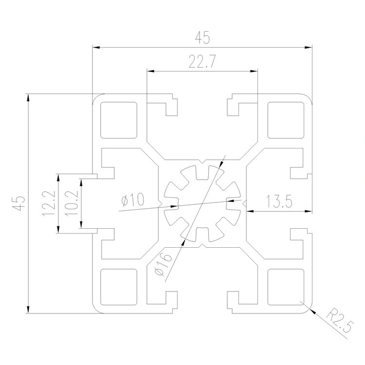 EFE10-4545A工業鋁型材尺寸圖